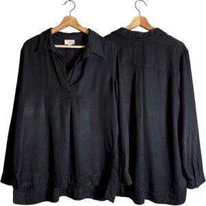 Everly Tencel Long Sleeve Collared Blouse Top Womens Large Black Minimalist Chic